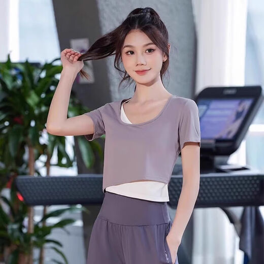 Shantou Lincun Yoga Wear Pilates Suit Three-piece Loose 2025 Quick-drying High-Elastic Sports Suit Women's Summer Large Size Slim Gray Purple (Short Sleeve) + Dark Purple (Trousers) One Set One Size Suitable for 80-110 Jin Jin is equal to 0.5 kg Wear