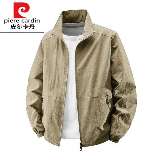 Pierre cardin 2025 new spring and autumn stand-up collar jacket for men thin jacket for men casual spring and autumn waterproof thin style knitted 9928 hooded-khaki M