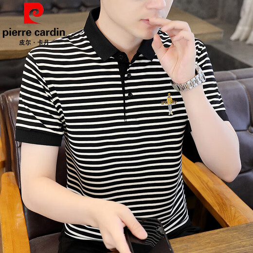 Pierre cardin 2025 new summer striped short-sleeved T-shirt for men's shirt collar polo shirt trendy embroidered half-sleeved handsome T-shirt White 5012 [turn collar short sleeve] M