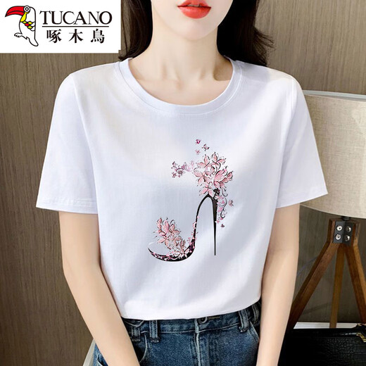 Woodpecker high-end combed pure cotton white short-sleeved T-shirt for women loose design and age-reducing niche summer clothing 2025 new top 6196 white high-quality pure cotton short M Recommended 80-105Jin [Jin equals 0.5 kg]