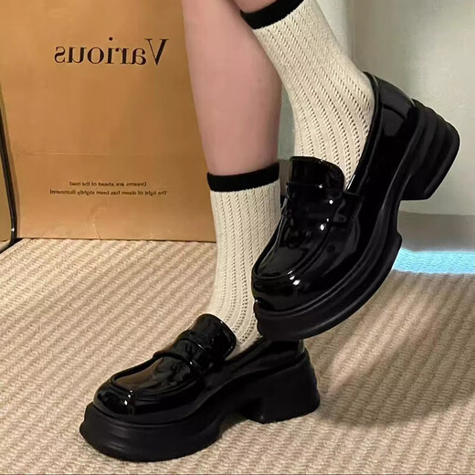 Lugeli loafers women's British style high-rise leather shoes 2025 new round toe versatile jk uniform thick sole college style single shoes loafers bright leather black 38