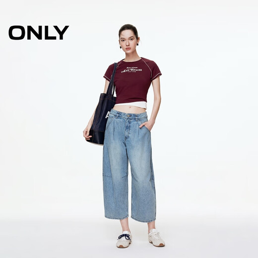 ONLY2025 summer new pure cotton loose boyfriend pants tapered pants cropped jeans women 125349006 J33 350 wash jeans blue S S standard pants length