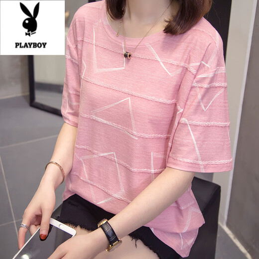 花花公子（PLAYBOY）加大码遮肚子显瘦上衣女2025夏装新款胖mm休闲宽松纯棉短袖t恤女 6628桔色 M 80-95左右