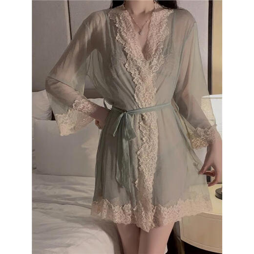 Sexy Pyjamas Frauen Spitze Hosenträger Mesh Nachthemd Sommer Hausanzug Morgen Kleid Großgröße P3886 Grün (Außengewand + Gürtel) Einmals Größe
