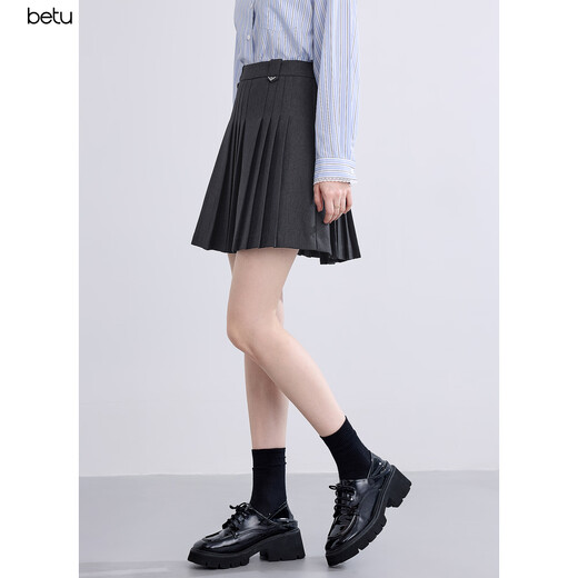 Betu women's 2025 autumn new skirt college style A-line pleated skirt versatile short skirt skirt 2508T65 dark gray M