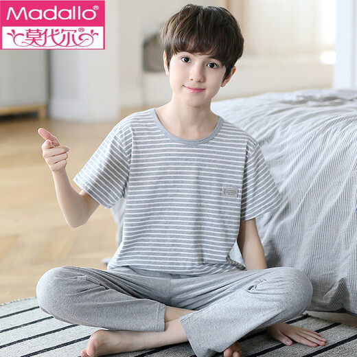 莫代尔男童睡衣夏季新款套装短袖长裤大童男孩纯棉儿童青少年空调家居服 N9926 短长 S 建议145-155cm