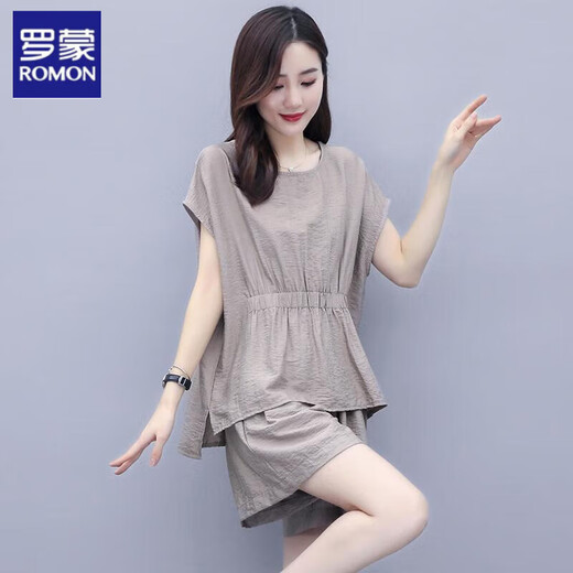 罗蒙高端休闲亚麻短裤两件套套装夏季新款女装大码洋气减龄 灰色 M 90-100斤