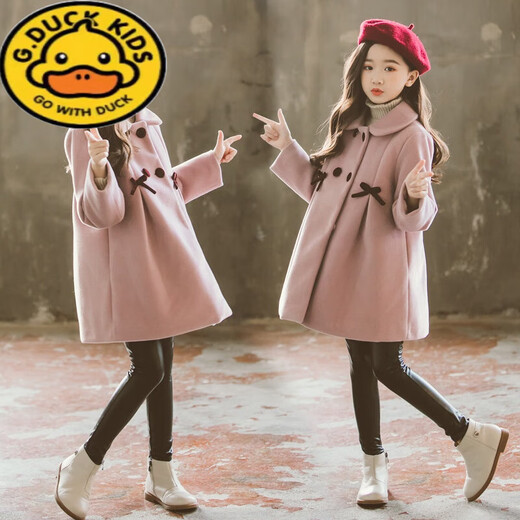 G.DUCKKIDS Girls' Autumn and Winter Style Double-sided Woolen Coat for Medium and Large Children Korean Style Western Style Children's Thickened Woolen Cotton Coat Coat Trendy Pink Bow Woolen Coat 120 Recommended for 6-7 years old