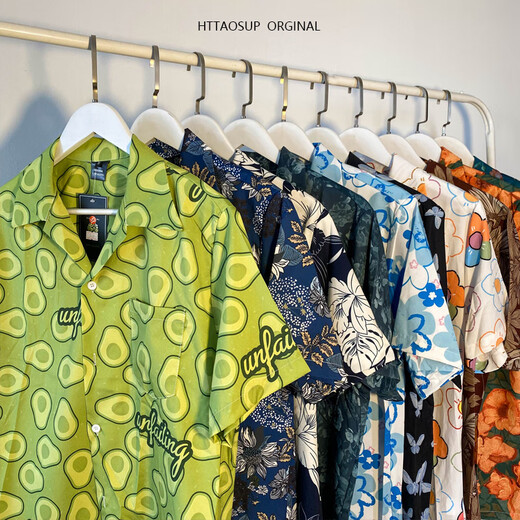 
Playboy (PLAYBOY) men's shirt summer new avocado green full print short-sleeved shirt men and women Hawaiian style casual couple shirt dark green X693 M
