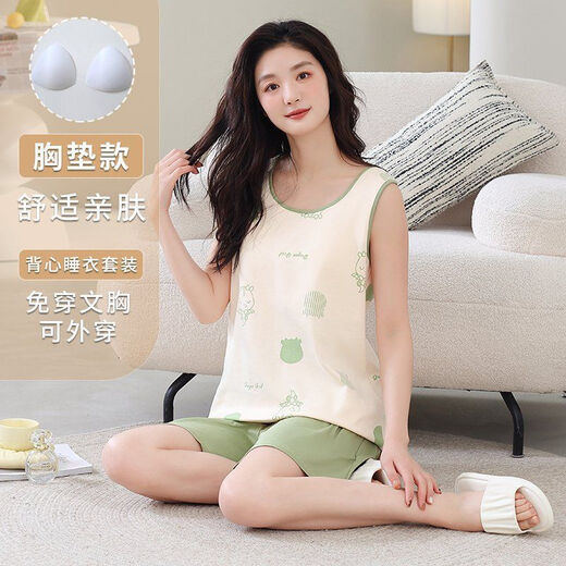 雅鹿带胸垫睡衣2025新款夏季女款背心无袖短裤舒适家居服夏套装可外穿 带胸垫背心短裤SG-9853 M 适合80-100斤