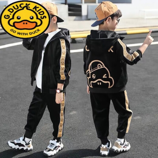 G.DUCKKIDS Boys Autumn and Winter Clothing Gold Velvet Suit 2024 New Children's Winter Warm Children's Clothes Boys' Velvet Thickened Handsome Gray Duck (Double-sided Velvet) Thickened 140 Recommended for 9-10 years old