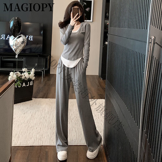 MAGIOPY国际奢侈高档品牌松弛感休闲运动套装女秋季款修身灰色假两件长袖 灰色 M(101-110斤)