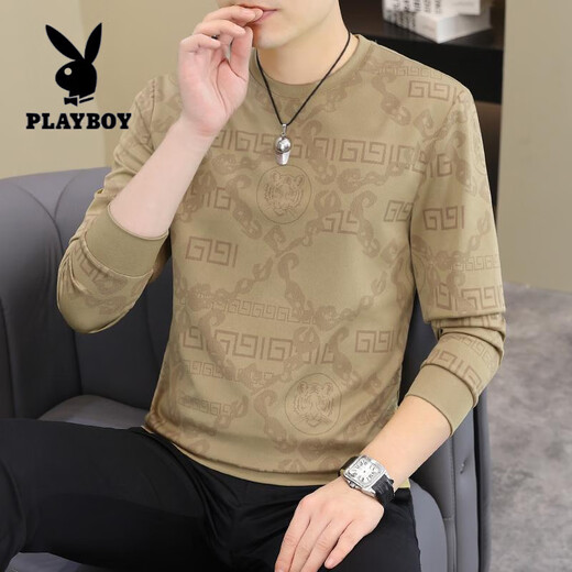 花花公子（PLAYBOY）2025秋冬新款男士长袖T恤欧货潮男帅气时尚卫衣加大码打底衫t恤 【春秋】6628卡其 薄款 M 90-115斤