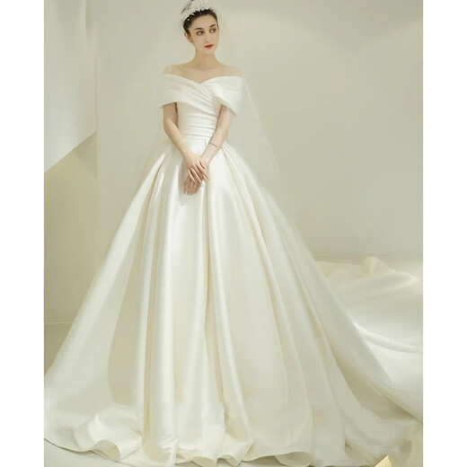 Pierre Cardin (Pierre Cardin) Satin Wedding Dress 2025 New Temperament Bride One-shoulder Palace Style French Atmosphere Simple Fairy Style Main Entrance Veil Ivory White (Tie) XL