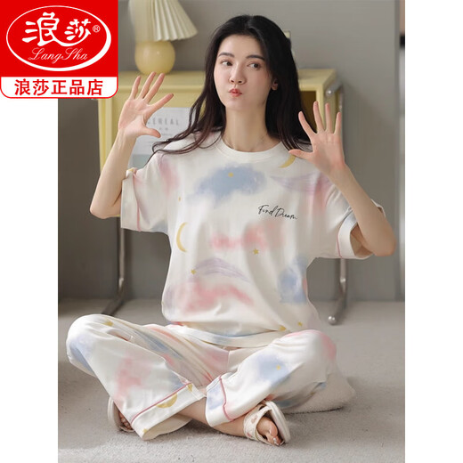 浪莎夏季纯棉睡衣女短袖长裤全棉可外穿少女甜美休闲家居服套装 Z9716 2XL 【建议140-160斤穿】
