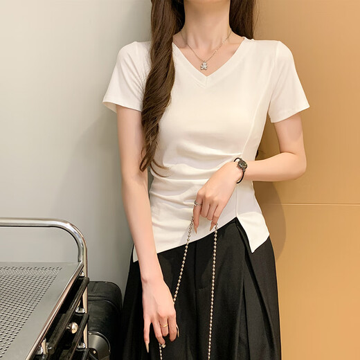 冉艺岚夏季2025新款黑色褶皱短袖恤女正肩修身不规则领上衣 黑色(15847款) S _89-98斤选