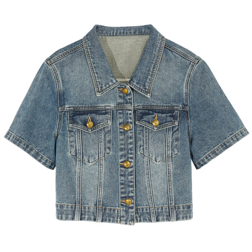 Three Color 2025 Summer New Retro Denim Jacket Lapel Front Shoulder Short Sleeve Cardigan Pure Cotton Short Casual M