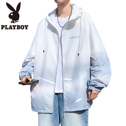 花花公子（PLAYBOY）渐变色防晒衣男款夏季冰丝薄款连帽防晒服青少年户外钓鱼凉感外套 6628灰色 M (约90~100斤可穿)
