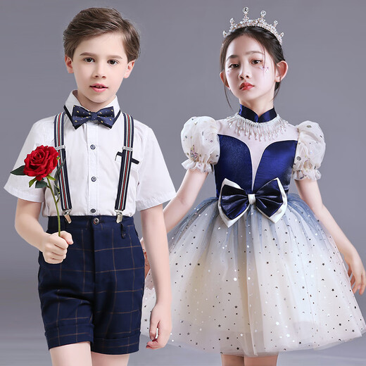 Children's Chorus Performance Clothes for Primary and Secondary Schools, Piano Recitation Dress, Kindergarten Performance Clothes, Girls' Puff Skirt, White Short Sleeves + Ju Ge Shorts + 55-4 Strap + Ju Ge 180 cm