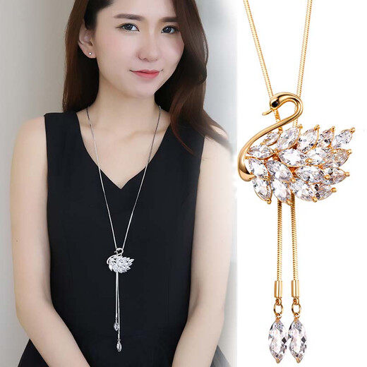 Quamer Old Phoenix Gold Store Schmuck Frauen Lange Halskette Schwan Anhänger Zirkon Pullover Kette Tassels vielseitige Halskette Lange hängende schöne XL063 Angel Eye Gold Gold