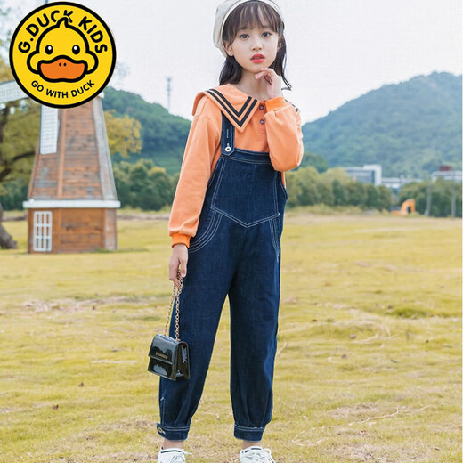 G.DUCKKIDS韩系女童背带裤套装春秋季新款洋气宽松新款时髦中大童可爱两件套 白色学院 110 码建议100CM