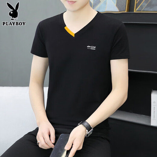 花花公子（PLAYBOY）夏季新款男士纯棉V领半袖T恤潮流休闲小字母印花鸡心领短袖体恤衫 691 白色 M 90-100斤