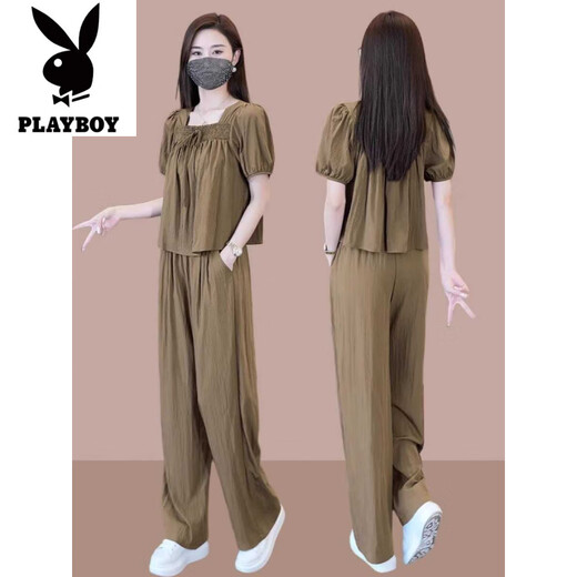 Playboy (Playboy) Ice Seide Weitbeinhosenanzug für Frauen 2025 Sommer Internet Promi Fashion Temperament Alter reduzierende Chiffonhosen zweiteilige Set braune Farbe [Top + Hosen] Ice Seide Zwei-teilige Set-Flag M empfohlen 80-100jin [Jin gleich 0,5 kg]