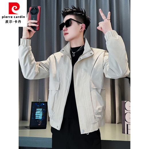 Pierre Cardin Spring and Autumn Casual Jacket Men's Handsome Versatile Workwear Short Jacket 2025 New Men's Stand Collar Autumn Top Khaki XL Recommended 135-145 Jin Jin equals 0.5 kg