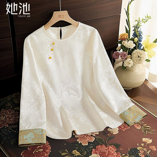 Her Pool Splicing Round Neck Shoulder Shirt Women's 2026 Spring New New Chinese Style Retro Jacquard Shirt