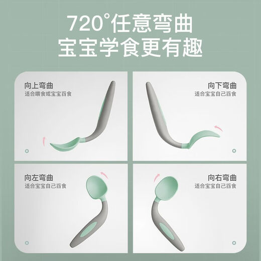 Lian Neng twisted spoon baby eating training spoon one-year-old children learn to eat elbow spoon fork baby food supplement tableware set green mustard green manual bending free storage box