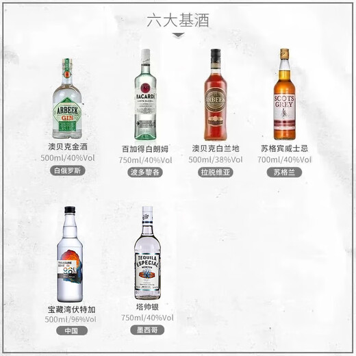 Aobeck Tequila Diy cocktail Set Whisky Vodka Brandy Gin Rum Wine Combination Six Botles Base Bas Vine Combinaison 6 Bouteilles