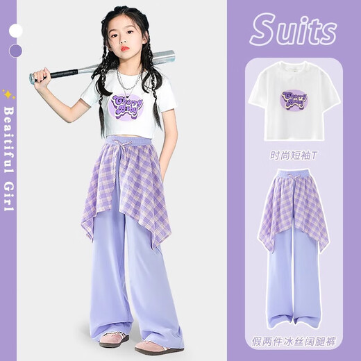 巴拉巴拉女童套装夏装2025年新款洋气儿童短袖工装裤大童夏季时髦炸街运动 9889白色+15290紫色 160 cm