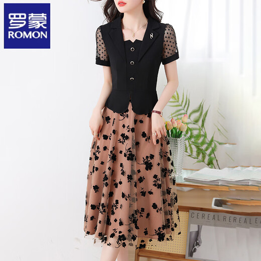ROMON vestido de verano para mujer rica de mediana edad, nuevo estilo de verano para mujer, traje falso de dos piezas de malla con temperamento a la moda, negro - 7371 L (110Jin Jin equivale a menos de 0,5 kg)