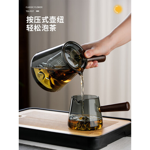 MZXM Japan imported quality glass tea set set for making tea, household tea tray, large capacity living room tea cup, office tea cup, transparent 600ml mountain view pot set, 8 pieces, complete set