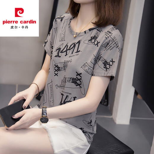 Pier Cardin 2025 Sommer Neues T-Shirt mit Kurzärärmel-Kurzarm-Baumwoll für koreanische Frauen im koreanischen Stil, schlanker und vielseitiger lässiger Fett MM Bauchabdeckung Top 9901 Grau M [ca. 80-95]