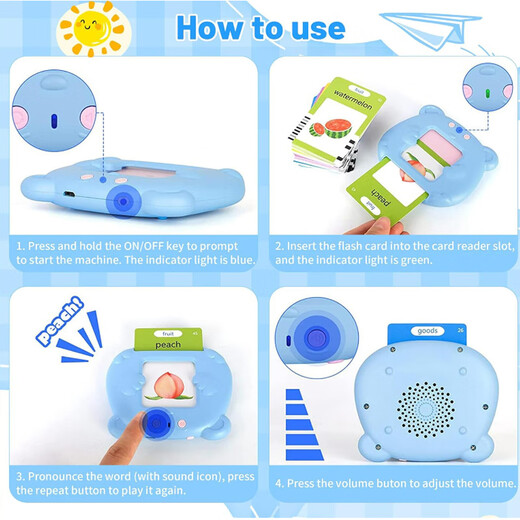 DRH Früherziehungskartenmaschine für Kinder, 1–6 Jahre alt, Baby-Lernspielzeug, Chinesisch und Englisch, Aufklärung, Alphabetisierungskarten-Lernmaschine, Bärenblau + Chinesisch und Englisch, 112 Karten (224 Inhalt).