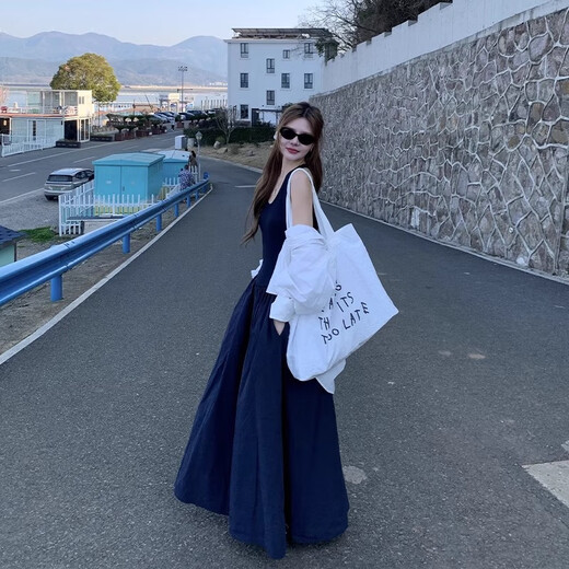 JIOESC吊带挂脖连衣裙女2025夏新款气质法式设计感收腰无袖海边度假长裙 吊带挂脖连衣裙 XL