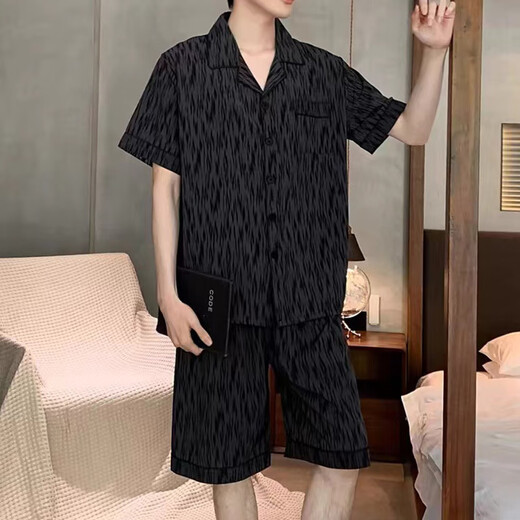 霖曼柔男生睡衣夏季薄款短袖短裤黑色条纹加大码开衫家居服两件套可外穿 681#双短男装大熊猫 2XL 【130-150斤】