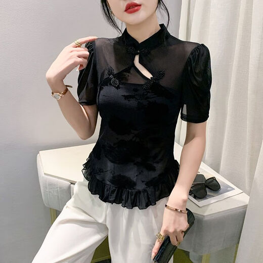 Deluobin (deluobin) Hebilla de verano Femenino Cuerpo delgado 2025 Fashion Sprod de primavera y verano Collar Mesh Camiseta de manga corta para mujeres Nuevos 3891 Diseño micro-transparente de manga corta l