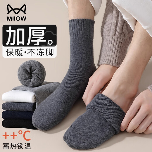 Catman 5 pairs of thick socks men's mid-calf socks for autumn and winter plus velvet warm terry towel socks floor Northeast snow socks