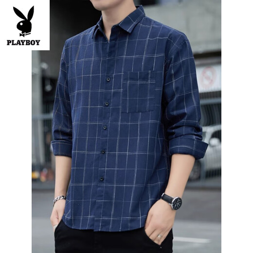 Playboy (Playboy) American Plaid Shirt Jacke für Männer 2025 Frühling, Sommer- und Herbst Trendy Longärmeler Männer Jugend losen lässiges vielseitiges Top K12107 Navy Blue 2xl