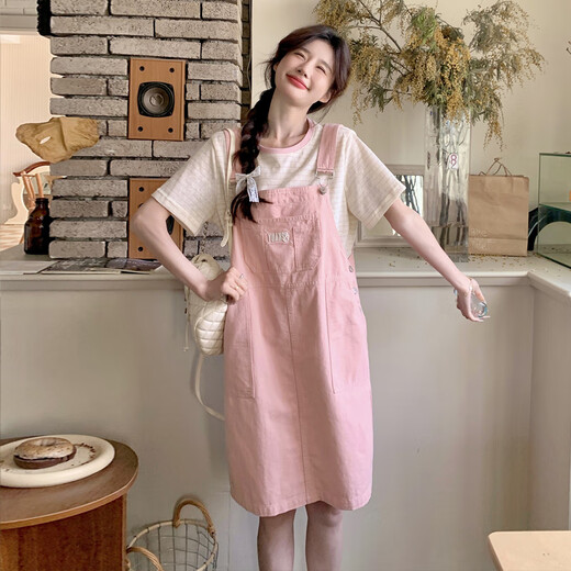 
La Chapelle pink dress strap skirt suit for women 2025 summer new girl age-reducing striped T-shirt two-piece set T-shirt + strap skirt S