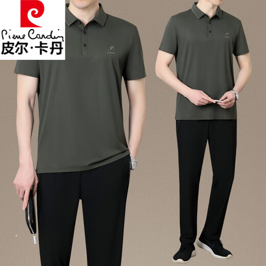 皮尔卡丹（pierre cardin）品牌爸爸夏装运动服套装新款男士短袖T恤中老年冰丝衣服父亲节 墨绿单上衣XTD9855 L (建议100-120斤