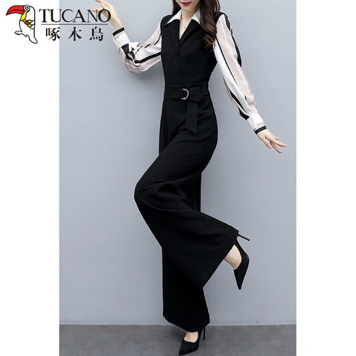 Tucano; Specht Frühlings- und Sommer-Jumpsuit Frauen 2025 Frühling neuer koreanischer Mode-Fashion Casual Black Jumpsuit High Taille Wide Legs Set Black Stripe 345 Dünn S 80-95Jin [Jin gleich 0,5 kg]