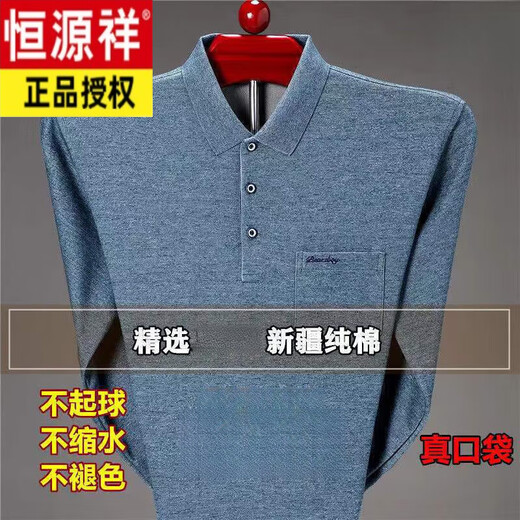 恒源祥春秋新品纯棉长袖T恤男翻领保罗衫中老年人宽松真口袋爸爸装t恤衫 9902蓝色 M 165建议90-120斤