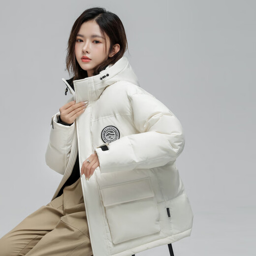 Snow Flying Down Jacket for Women, versatile and fashionable casual men and women same style three-dimensional workwear, large pocket stand collar hooded long down jacket, white 8162 XS /160/80A