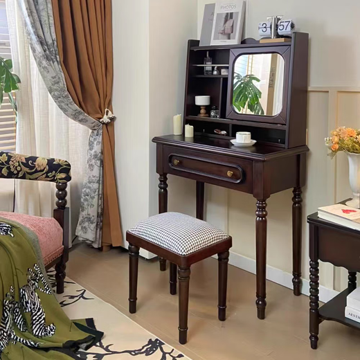 Jiatrin American mid-century style black walnut color solid wood dressing table with stool dressing mirror bedroom light luxury simple dressing table dressing table + stool length 800*width 400*height 1370 mm