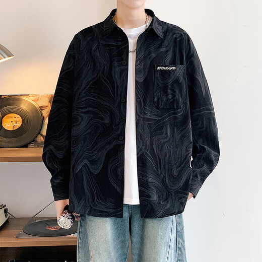 POUM tie-dye high-end long-sleeved shirt men's autumn and winter American casual shirt jacket G806 interstellar black 3XL