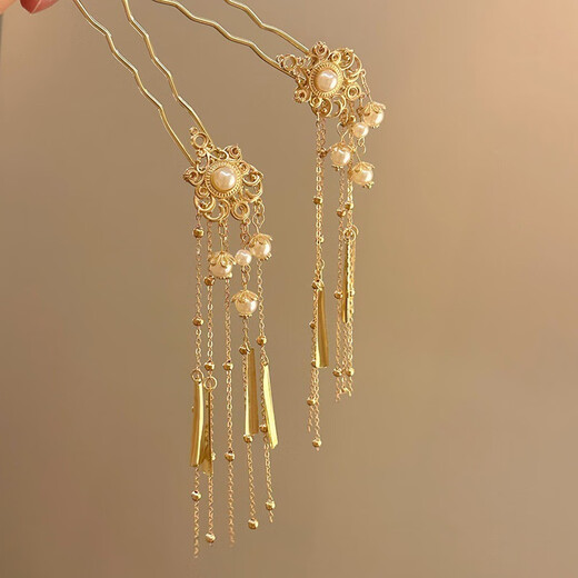 He Jiagong Nancheng Haori National Style New Chinese Style Pearl Golden Tassel Step Hairpin Hair Accessory Feminine U-shaped Hair Imitation Pearl Tassel Hairpin Single A10-202