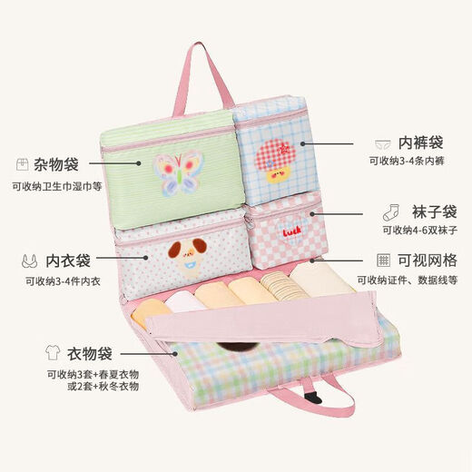 7-in-1 travel storage bag, underwear, underwear, socks, divided clothing organization bag, portable suitcase for business trips, Panda waving, 7-in-1/with handheld/can be hung